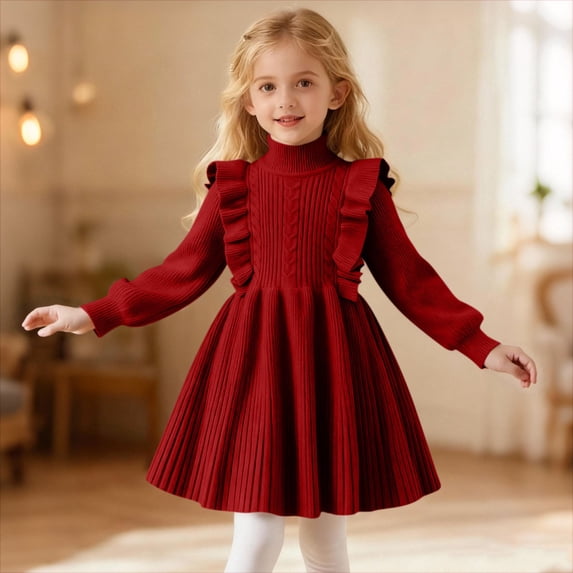 Odeerbi Toddler Girls Turtleneck Sweater Dress Ruffle Long Sleeve Rib Knit A-Line Dress for Fall Winter