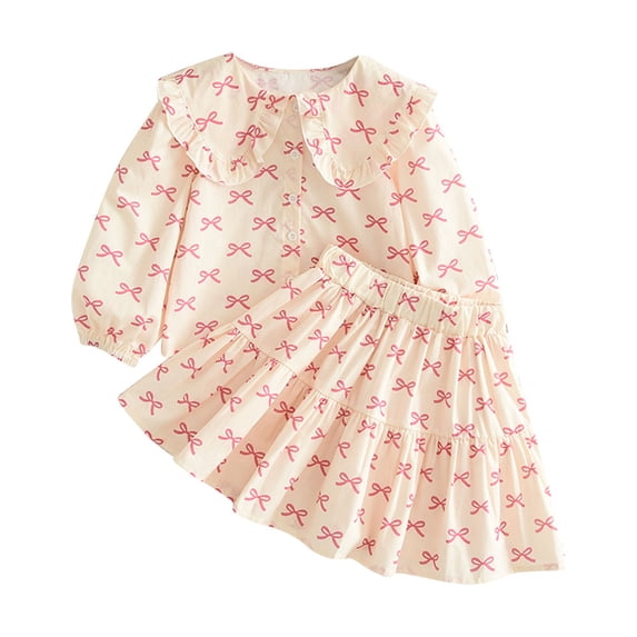 Odeerbi Toddler Girls Two Pieces Skirt Set Floral Peter Pan Collar Tops Tiered Skirt Set Children's Fashion New Casual Long Sleeve Bow Print Shirt Top Skirt Set Pink