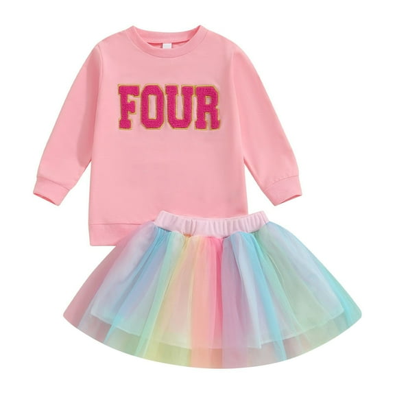 Odeerbi Toddler Girls Two Pieces Skirt Set Fourth Birthday Tops Rainbow Tulle Tutu Skirt Set Fashion Casual Round Neck Long Sleeve Tops Solid Color Long Pants Sets Birthday Gift Pink