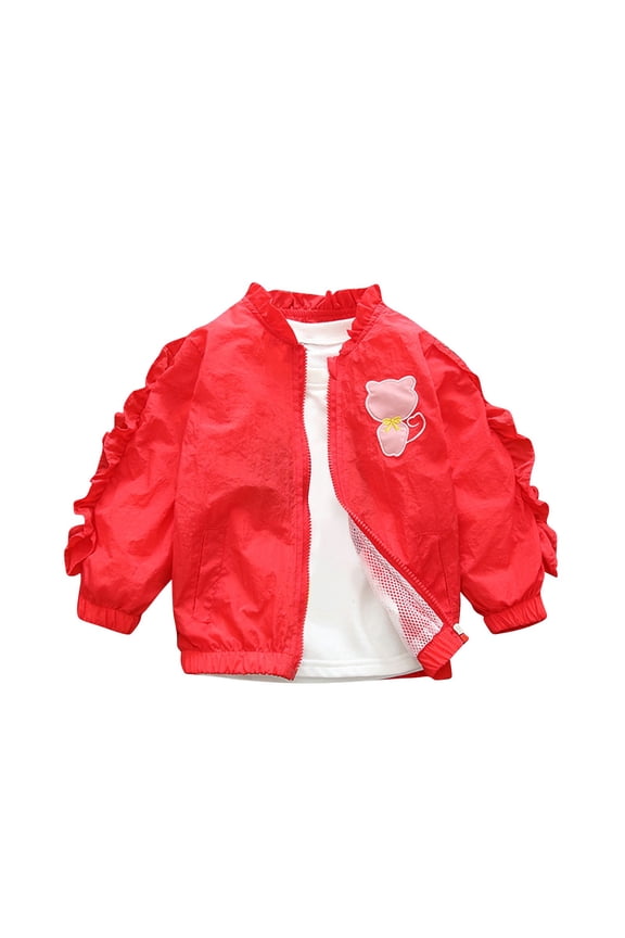 Toddler Girls Winter Coat Cartoon Printed Hooded Jacket Warm Overcoat Spring Jacket Cardigan Ruffled Round Neck Outerwear Red