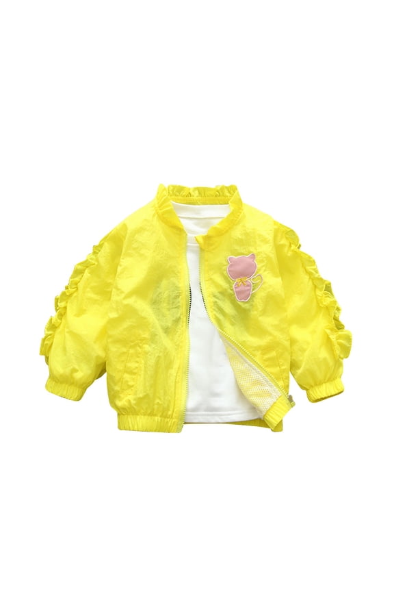 Toddler Girls Winter Coat Cartoon Printed Hooded Jacket Warm Overcoat Spring Jacket Cardigan Ruffled Round Neck Outerwear Yellow