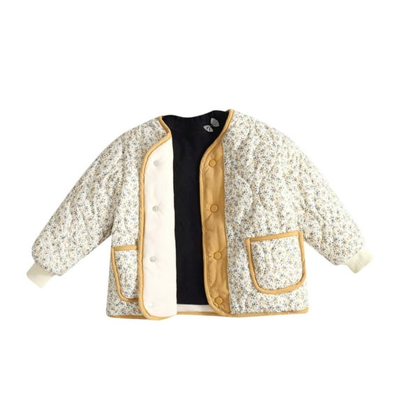 Odeerbi Toddler Girls Winter Coat Fleece Lined Quilted Puffer Jacket Thermal Padded Coats Children's Floral Outerwear with Pocket Cotton Padded Cardigan Toddler Clothes Yellow