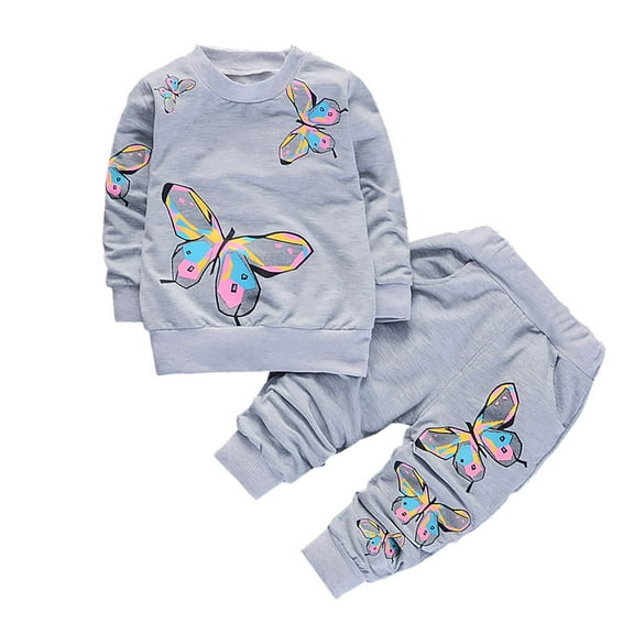 Odeerbi Toddler Girls Winter Outfits Cartoon Print Sweatsuits Print Long Sleeve Sweatshirt Sweatpants Two-Piece Set Fashion Tracksuit Gray