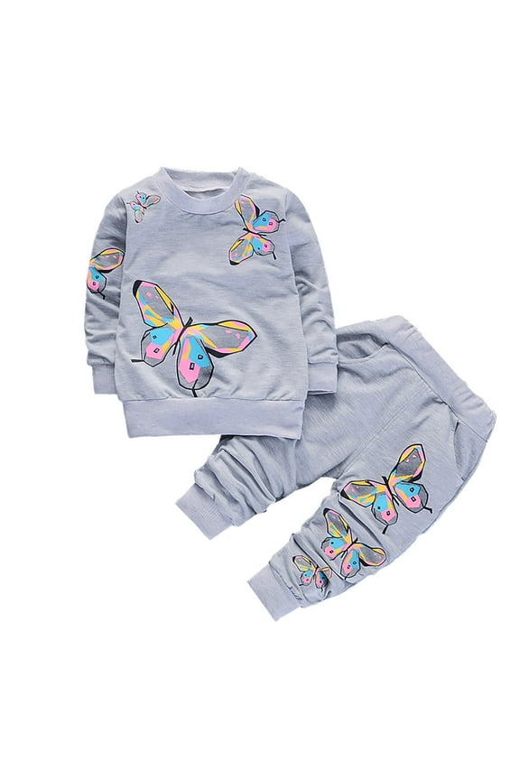 Toddler Girls Winter Outfits Cartoon Print Sweatsuits Print Long Sleeve Sweatshirt Sweatpants Two-Piece Set Fashion Tracksuit Gray