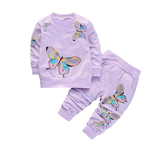 Odeerbi Toddler Girls Winter Outfits Cartoon Print Sweatsuits Print Long Sleeve Sweatshirt Sweatpants Two-Piece Set Fashion Tracksuit Purple