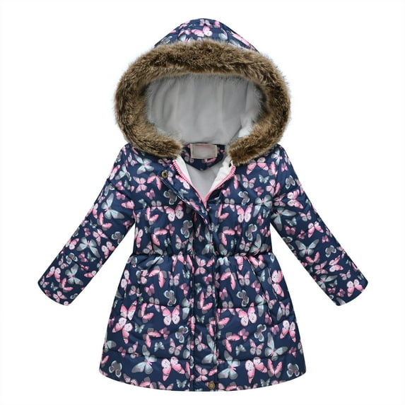 Odeerbi Toddler Girls Winter Parka Padded Coat Toddler Baby Floral Print Jacket Kids Hoodies Parkas Winter Thick Warm Windproof Coat Outwear Navy 4-5 Years