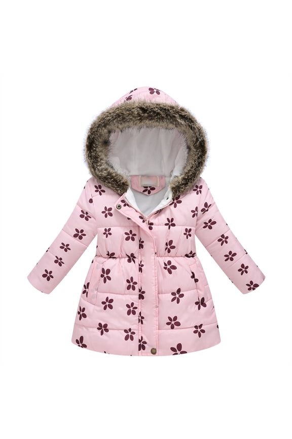 Toddler Girls Winter Parka Padded Coat Toddler Baby Floral Print Jacket Kids Hoodies Parkas Winter Thick Warm Windproof Coat Outwear Pink 4-5 Years