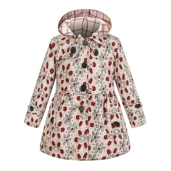 Odeerbi Toddler Girls Winter Trench Coat Floral Thermal Puffer Jacket Fashion Coat with Detachable Hat Thickened Floral Print Cotton Jacket Toddler Clothes Khaki