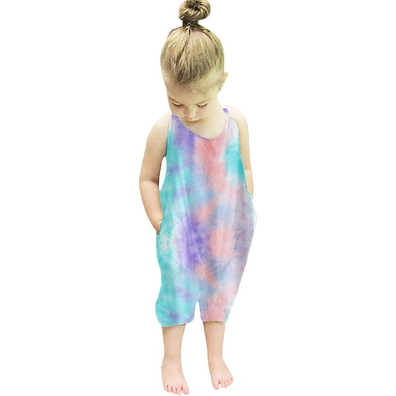Odeerbi Toddler Jumpsuit Boys Girls Tie-Dyed Floral Romper Halter Jumpsuits Kids Baby Sleeveless Rainbow Clothes A