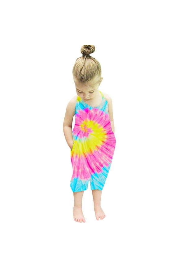 Toddler Jumpsuit Boys Girls Tie-Dyed Floral Romper Halter Jumpsuits Kids Baby Sleeveless Rainbow Clothes D