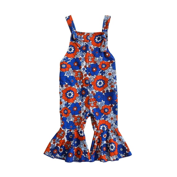 Odeerbi Toddler Jumpsuit Girls Summer Floral Romper Independence Day Flare Jumpsuit Kids 2024 Fashion Cute Flowers Print Flared Trousers Baby Clothes Red