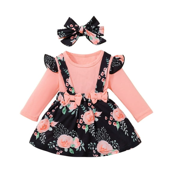 Odeerbi Toddler Kids Baby Girls 2025 Fashion Cute Long Sleeve Flowers Pattern Romper Strap Skirt Bow Headdress Suit
