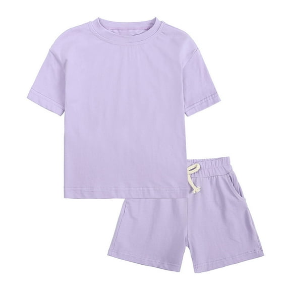 Odeerbi Toddler Kids Boys Girls Cotton Pajama Sets Soft Comfy Loungewear Set Fashion Cute Solid Color Short Sleeve Top Shorts Home Wear Suit Sleepwear Purple