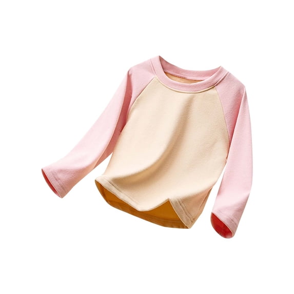 Odeerbi Toddler Kids Boys Girls Fleece Lined Base Layer Raglan Winter Warm Undershirt Baby Solid Color Long Sleeve Thickening Pajama Tops Home Wear Clothes Pink