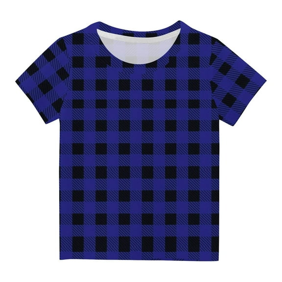 Odeerbi Toddler Kids Boys Girls Plaid Tops Short Sleeve T-shirt Summer Funny Graphic Shirts 3-14 Years Blue
