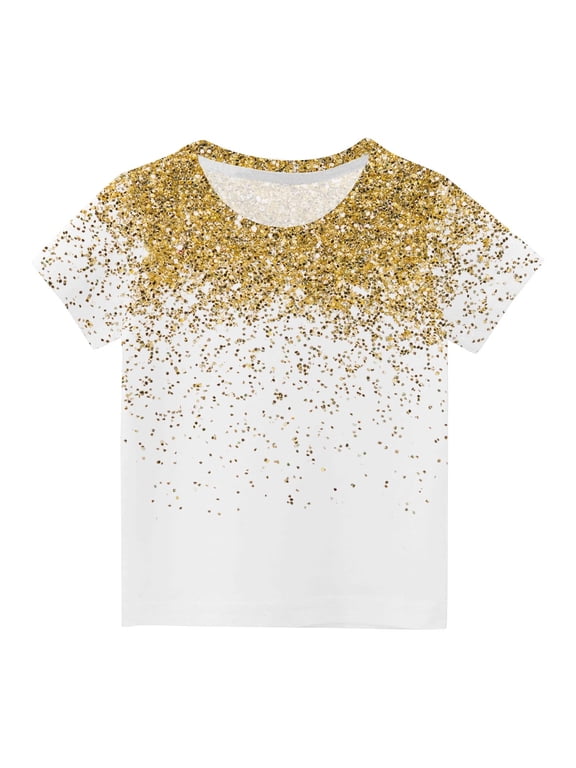 Toddler Kids Boys Girls Sequin Print Gradient Tops Short Sleeve T-shirt Summer Funny Graphic Shirts 3-14 Years Gold