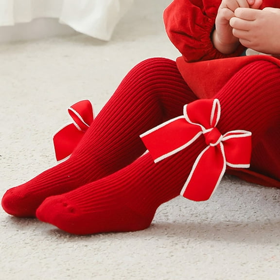 Odeerbi Toddler Kids Christmas Leggings Bowknot Red Pantyhose Christmas Big Red Pantyhose Footed Socks Warm Bottoms 3 Months to 6 Years Red
