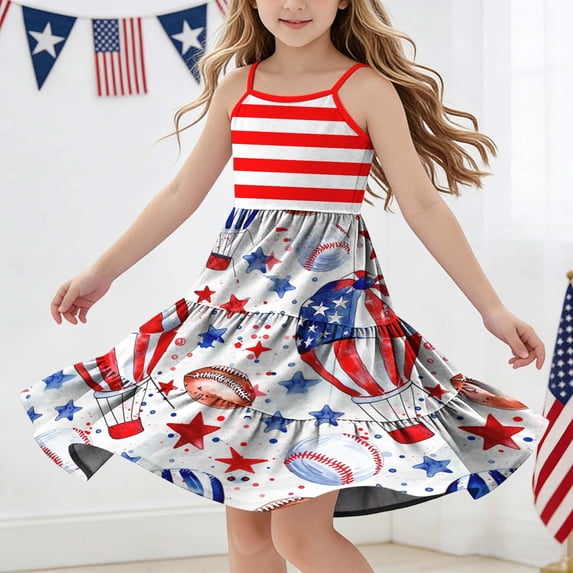 Odeerbi Toddler Kids Girls Independence Day A-Line Tiered Slip Dress Summer Patriotic Star Stripe Casual Strap Dress