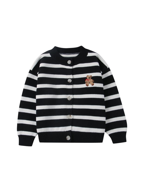 Toddler Knit Cardigan Sweater Boys Girls Striped Bear Embroidery Long Sleeve Button Front Warm Knitwear for Fall Winter