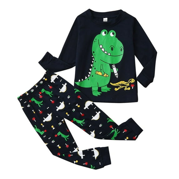 Odeerbi Toddler Pajamas Baby Kids Boys Girls 2025 Long Sleeve Dinosaur Printed Tops Pants Pajamas Outfit Set Black