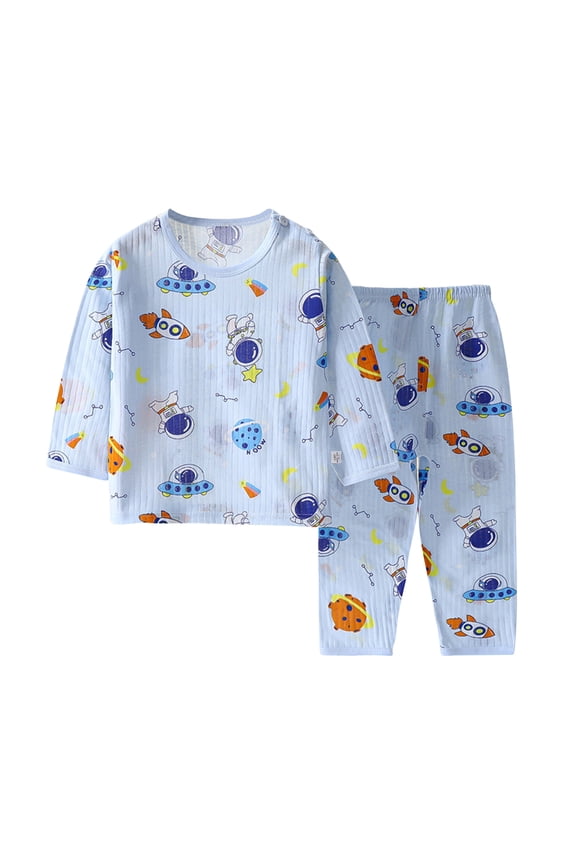Toddler Pajamas Boys Girls Pajamas Kids Baby Summer Casual Long Sleeve Loungewear Thin Air-conditioned Home Clothing Two Piece Set Blue