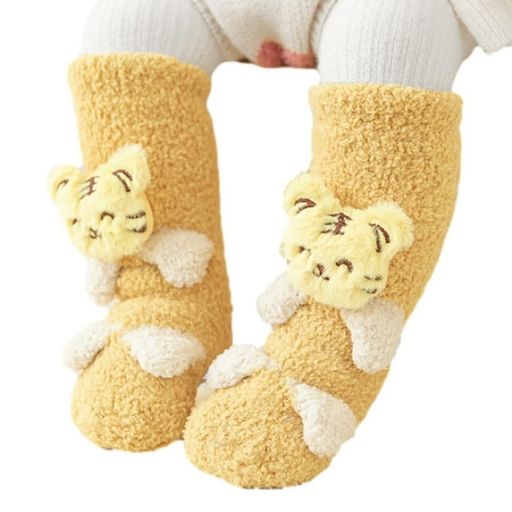 Odeerbi Toddler Socks Baby Winter Slipper Socks Cute Knee High Socks Infants Stockings Boy Girls Fleece Warm Sock Yellow