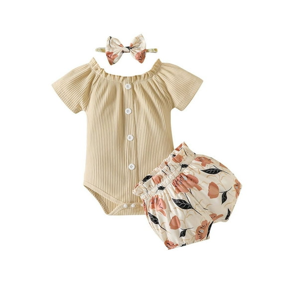 Odeerbi Toddler Summer Outfits Baby Girls Cute Three-piece Set Short Sleeve Round Neck Blouses Printing Short Pants with Headband Beige