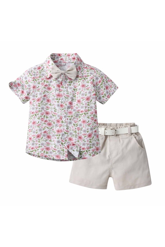 Toddler Summer Outfits Boys Gentleman Formal Dress Suit Short Sleeve Lapel Shirt Shorts Suit With Belt Tie Children's Wear Burgundy