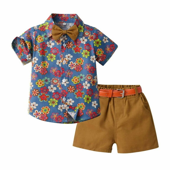 Odeerbi Toddler Summer Outfits Boys Gentleman Formal Dress Suit Short Sleeve Lapel Shirt Shorts Suit With Belt Tie Children's Wear Burgundy