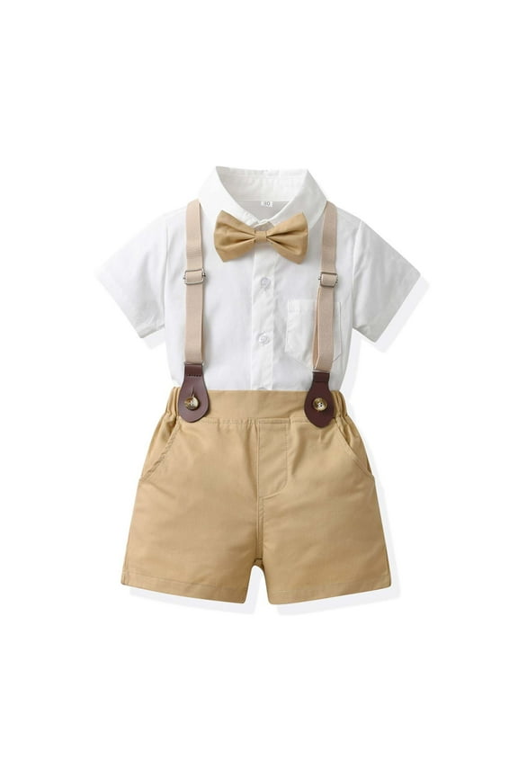 Toddler Summer Outfits Boys Sling Gentleman Formal Dress Suit Short Sleeve Top Strap Shorts Suit Solid Color Shirts Photography Performance Set Khaki