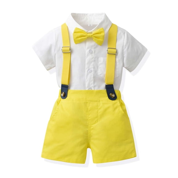 Odeerbi Toddler Summer Outfits Boys Sling Gentleman Formal Dress Suit Short Sleeve Top Strap Shorts Suit Solid Color Shirts Photography Performance Set Yellow