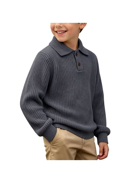 Teen Sweater Boys Girls Rib Knit Polo Collar Long Sleeve Thermal Warm Knitwear for Fall Winter