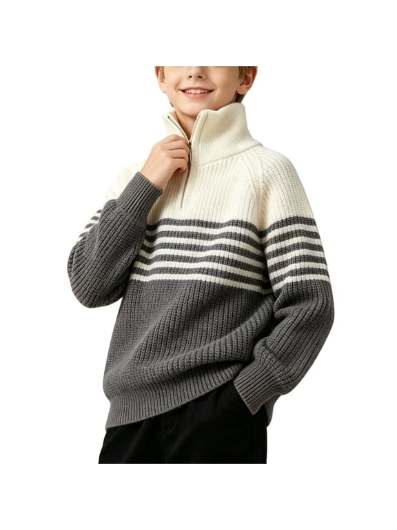 Teen Sweater Boys Striped Color Block Half Zip Mock Neck Long Sleeve Thermal Warm Knitwear