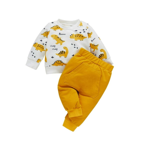 Odeerbi Toddler Sweatshirt Autumn Winter Baby Boys Girls Dinosaur Pattern Long Sleeved Blouse Plaid Trousers Hoodie Suit Yellow