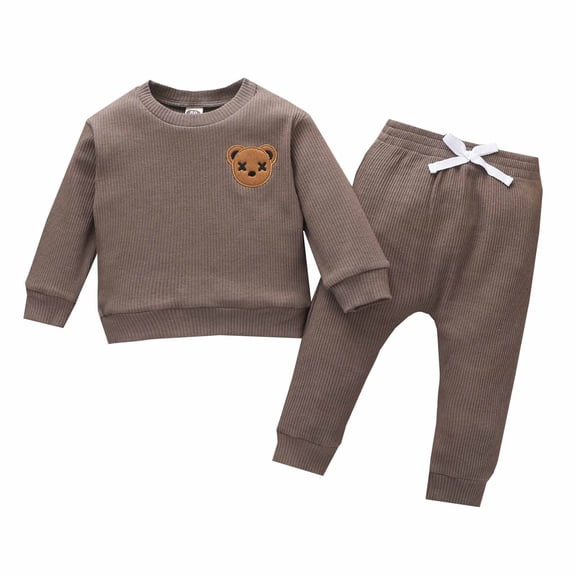 Odeerbi Toddler Sweatshirt Autumn Winter Girls Boys Cotton Strip Cartoon Bear Crew Neck Long Sleeve 2025 Casual Sweater Trousers Set Coffee