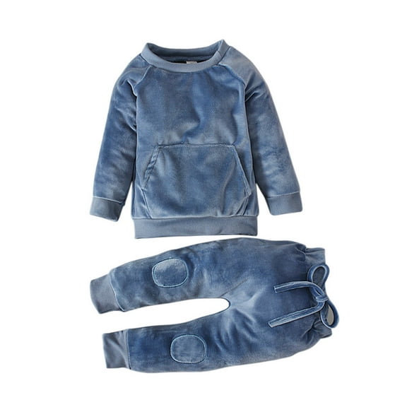 Odeerbi Toddler Sweatshirt Children Autumn Winter Solid Color 2025 Long Sleeved Sweater Trousers Two Piece Children Clothing Blue