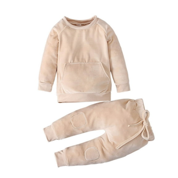 Odeerbi Toddler Sweatshirt Children Autumn Winter Solid Color 2025 Long Sleeved Sweater Trousers Two Piece Children Clothing Khaki