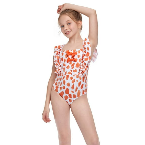 Odeerbi Toddler Swimsuits Kids Girls One Piece Swimsuit Bow Floral Swimsuit Summer Ruffle Sleeve Swimsuit Orange