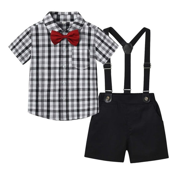 Odeerbi Toddler Two-piece Set Boys Formal Suit Gentleman School Uniform Suit Baby Summer Outfits Floral Printing Shirts Strap Shorts Suit Short Sleeve Photography Performance Set Dark Gray