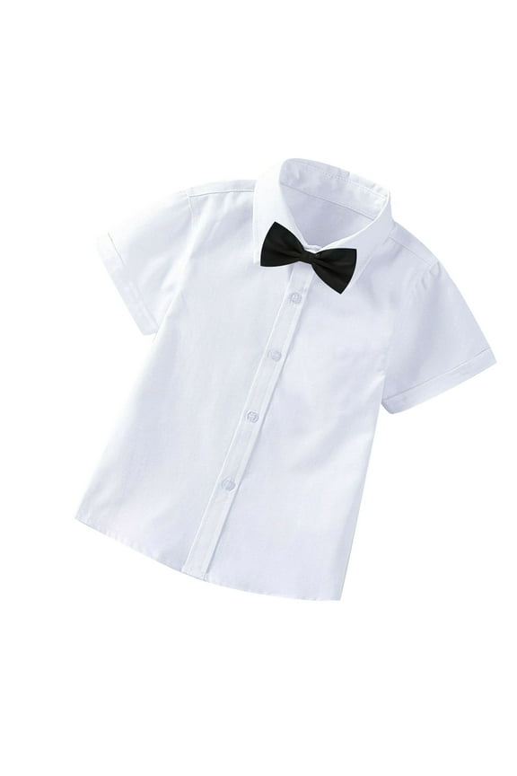 Toddler Two-piece Set Boys Formal Suit Gentleman School Uniform Suit Baby Clothes Solid Color Bow Tie Suit 2025 Fashion Short Sleeve Shirt Beige - Black Tie