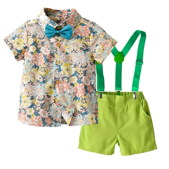Odeerbi Toddler Two-piece Set Boys Formal Suit Gentleman School Uniform Suit Summer Outfits Floral Printing Shirts Strap Shorts Suit Short Sleeve Photography Performance Set Mint Green