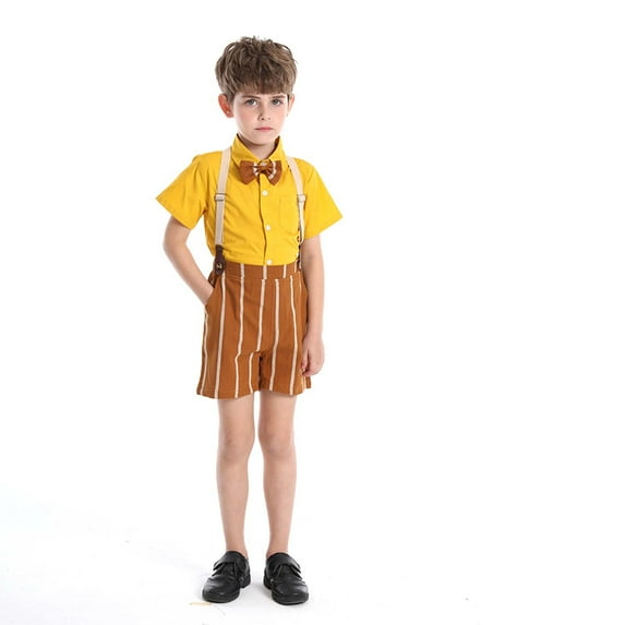 Odeerbi Toddler Two-piece Set Boys Formal Suit Gentleman School Uniform Suit Summer Outfits Floral Printing Shirts Strap Shorts Suit Short Sleeve Top Photography Performance Set Orange