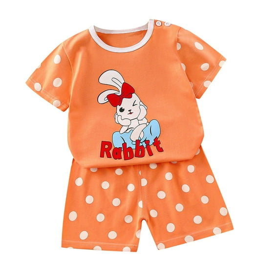 Odeerbi Toddler Two-piece Set Boys Girls Cute Cartoon Print Outfits Baby Clothes Kids Fashion Short Sleeve Casual Suit Orange