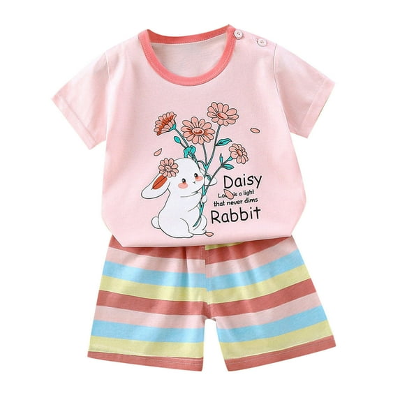 Odeerbi Toddler Two-piece Set Boys Girls Cute Cartoon Print Outfits Baby Clothes Kids Fashion Short Sleeve Casual Suit Pink