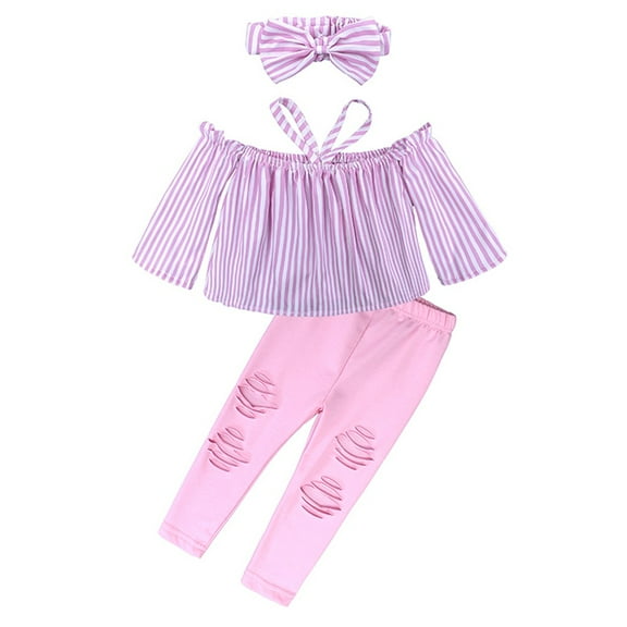 Odeerbi Toddler Two-piece Set Boys Girls Stripe Outfits Baby Clothes Children Kids Off Shoulder Tops Ripped Pants with Headbands Outfit Set Pink