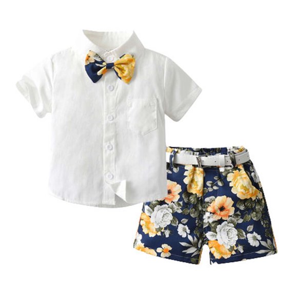 Odeerbi Toddler Two-piece Set Boys Summer Bow Formal Suit Gentleman School Uniform Suit Short Sleeve Printing Bowknot Shirts Shorts Photography Performance Set Baby Outfits Orange