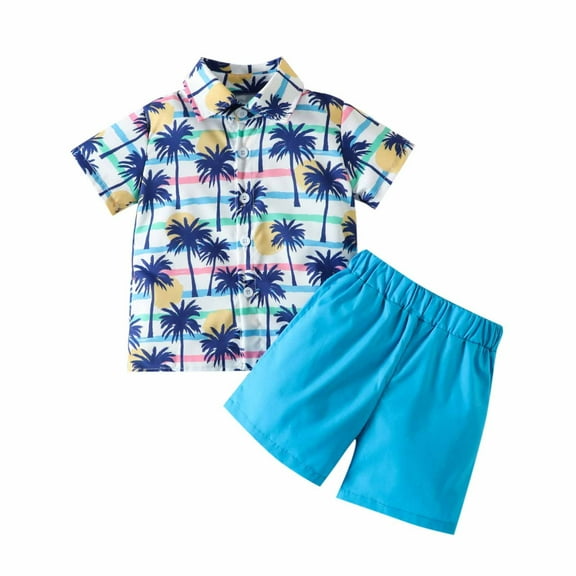 Odeerbi Toddler Two-piece Set Boys Summer Hawaii Outfits Baby Clothes Short Sleeve Floral Shirt with White T-shirt Shorts Set Children Wear Light Blue