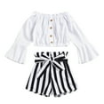 thumbnail image 1 of Odeerbi Toddler Two-piece Set Infant Girls Stripe Outfits Cropped Tops Flared Trousers Baby Clothes Ruffle Off Shoulder Tops Shorts Kids Outfits White, 1 of 9