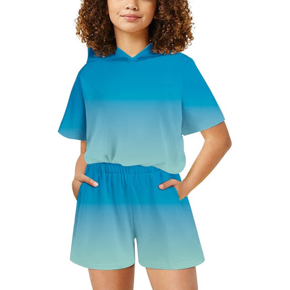 Odeerbi Toddler Two-piece Set Sister Brother Matching Outfits Kids Boys Girls Summer Outfits Children Gradient Printed Hooded T-shirt Shorts Set Two Piece Set Blue - Girls