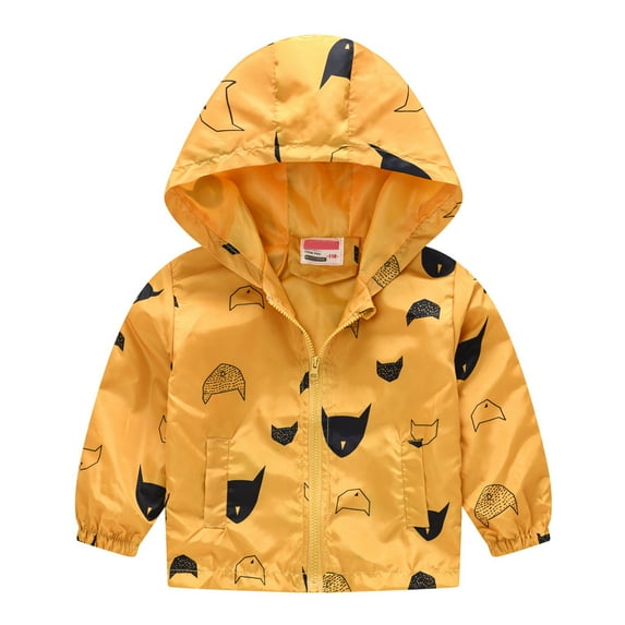 Odeerbi Toddler Winter Coat Kids Boys Girls Outerwear Jackets Baby Grils Autumn Print Jacket Zipper Hooded Windproof Coat Yellow